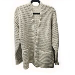 Handmade Knitted Crochet Beige Oversized Open Cardigan Large Boho Cozy Pockets
